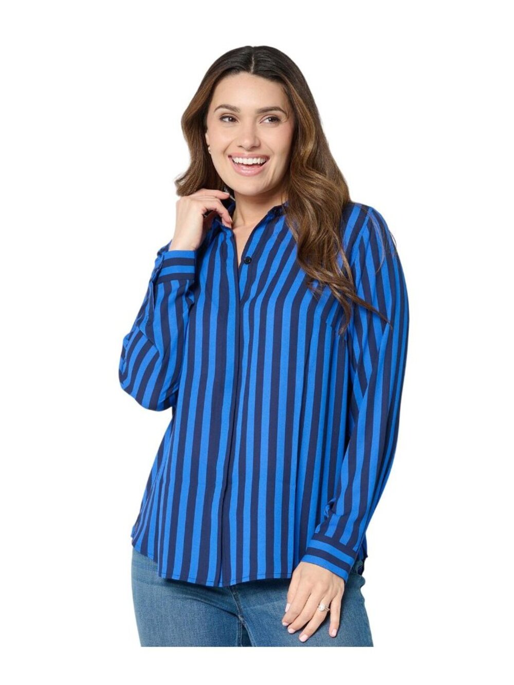 NEW Joan Rivers Striped Georgette Button Front Blouse Shirt Top Cobalt / Black M